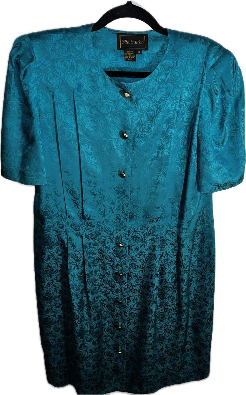 Silk Studio Silk Dress Size 14 Teal Jacquard Floral Short Sleeve